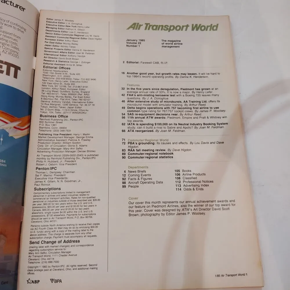 Air Transport World Magazine January 1985 ATW Awards Piedmont Airlines